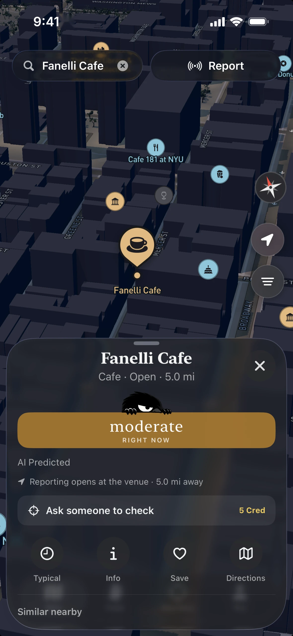 A 3D map of SoHo with Fanelli Cafe's pin, and its venue sheet below showing moderate right now, labelled AI Predicted, with a note that reporting opens at the venue five miles away.