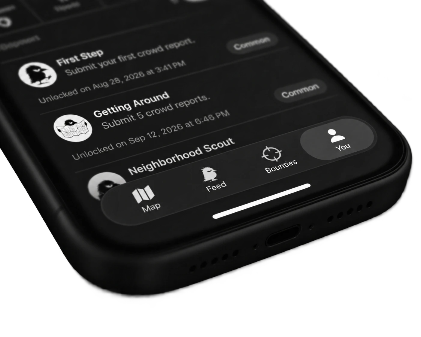 A black iPhone lying tilted in the dark, its screen showing the foot of a Crowded profile - the achievements list over the tab bar.
