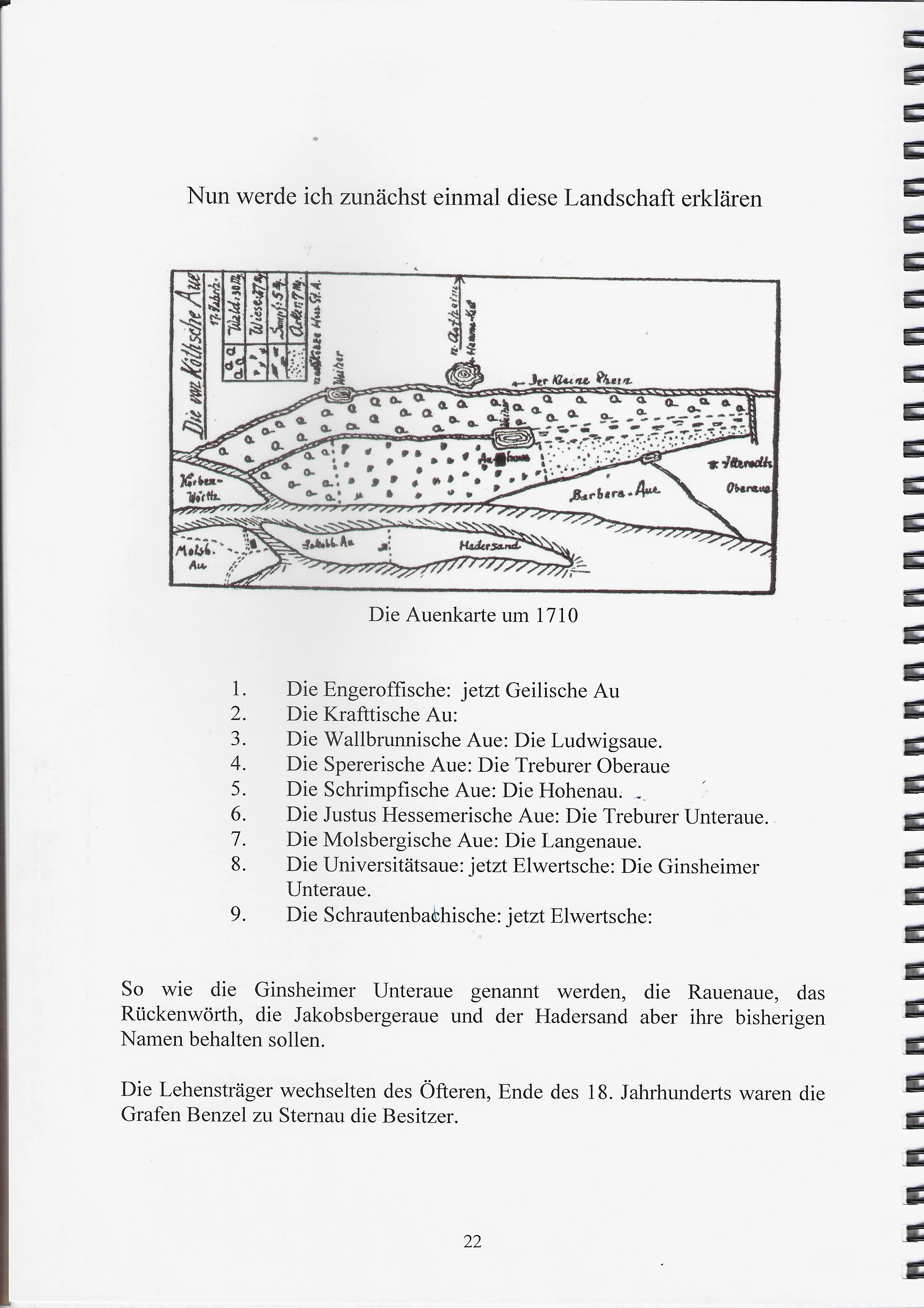Scanned book page reproducing a hand-drawn map of the Rhine floodplain around 1710, with the river meadows named and numbered.