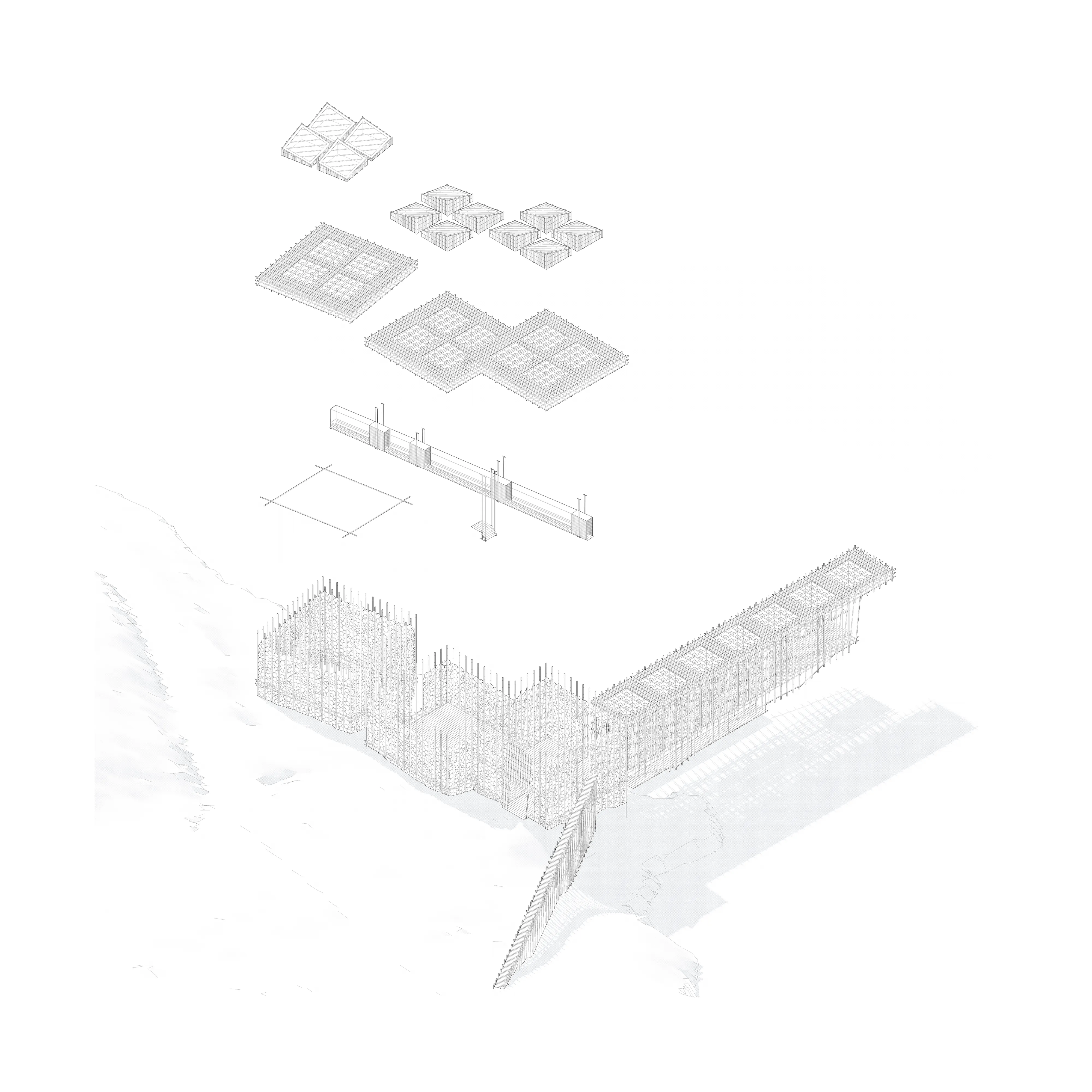Exploded axonometric separating roof shells, drying racks, saw floor, water-drive shaft, and the gabion base into layers.
