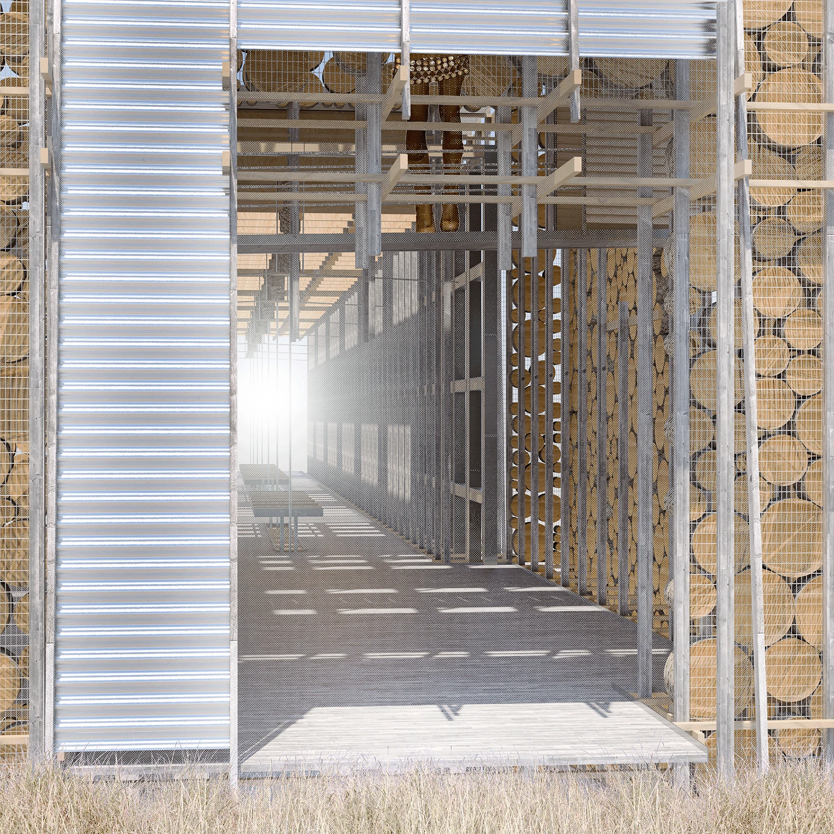 Interior of the saw floor, looking down the corridor between stacked log cribs and a translucent corrugated wall.