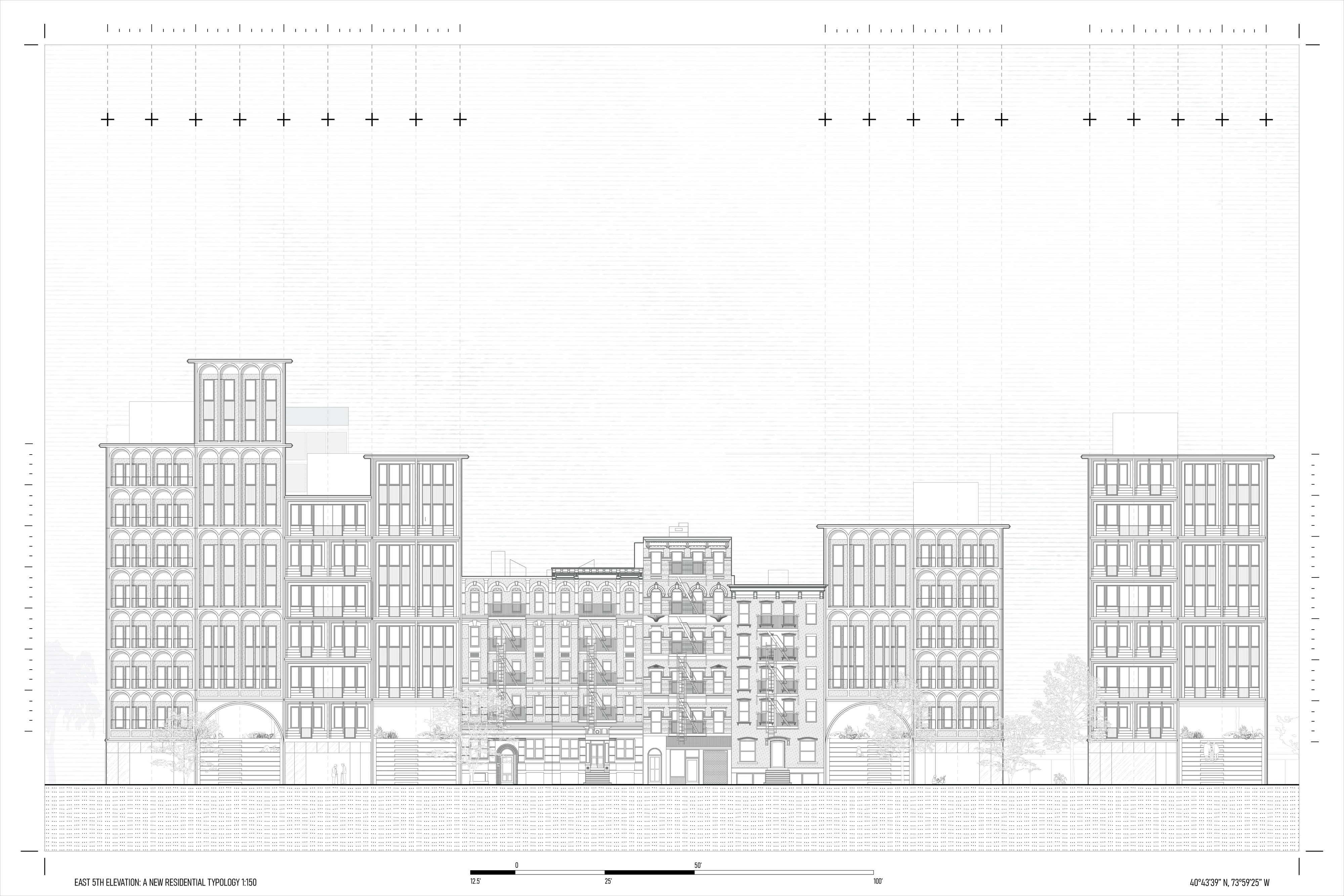 Street elevation of East 5th Street. New buildings of tall arched bays stand either side of a row of existing brick tenements with fire escapes.