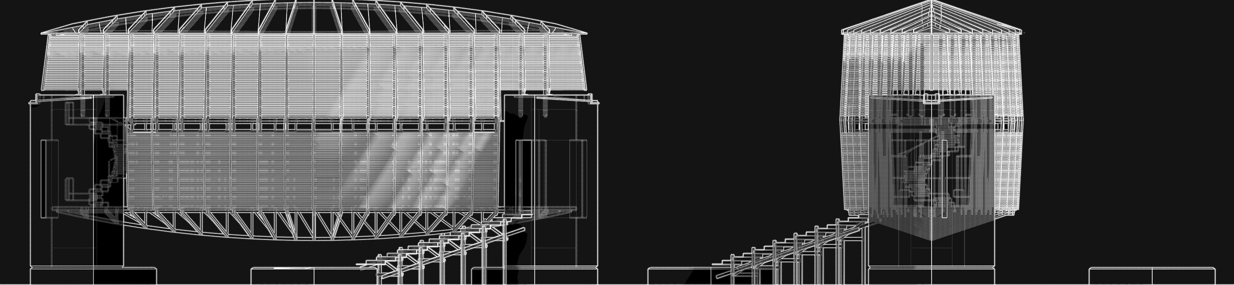 Two elevations drawn in fine white line on a black ground, the long ribbed hull resting on its concrete bases at the left and the tall slatted tower standing apart at the right, with the boardwalk running between them.