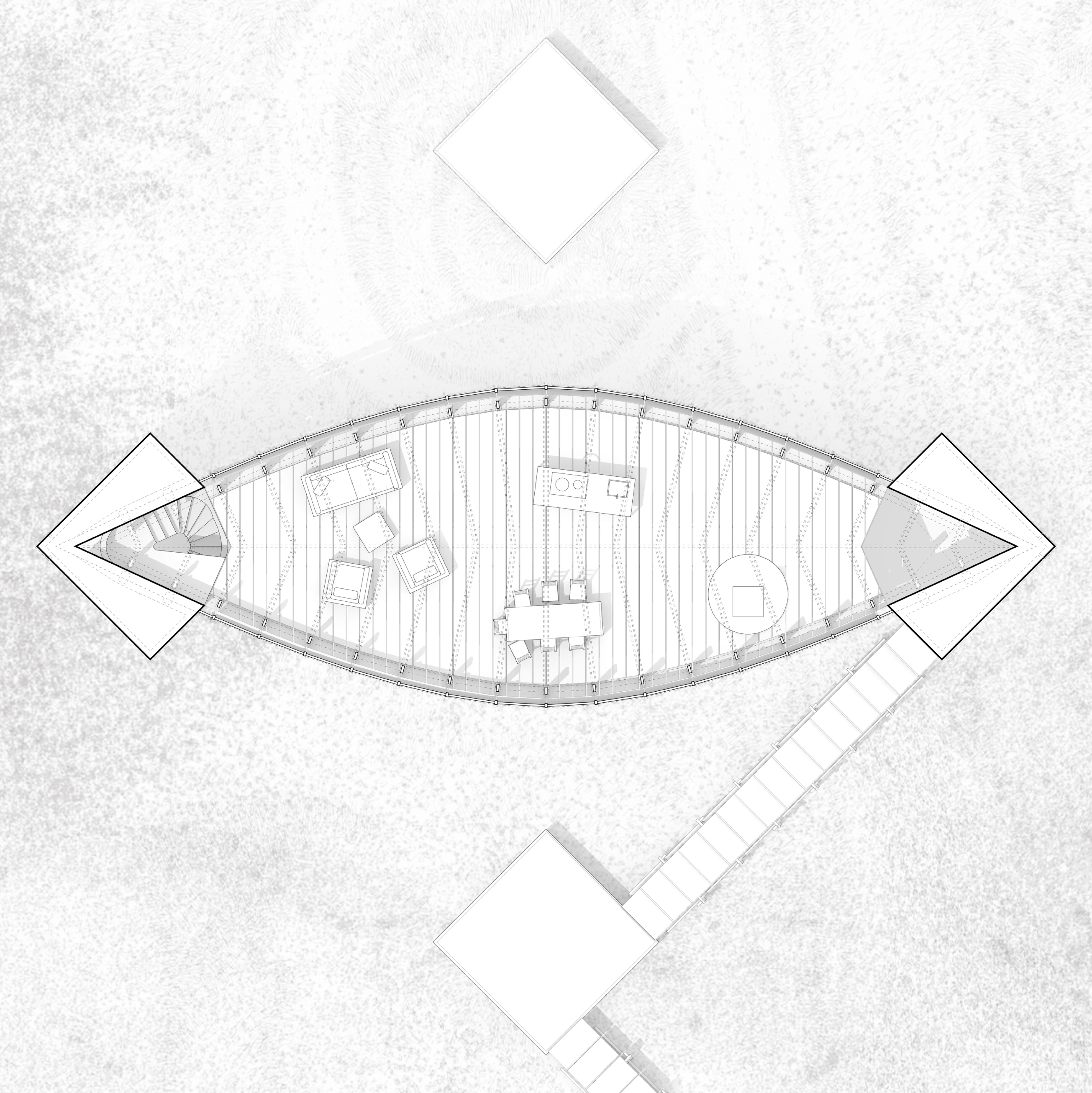 Upper floor plan, the same lens shape as the ground floor below it, one long room this time, with the square footings at either end and the boardwalk arriving from the south east.