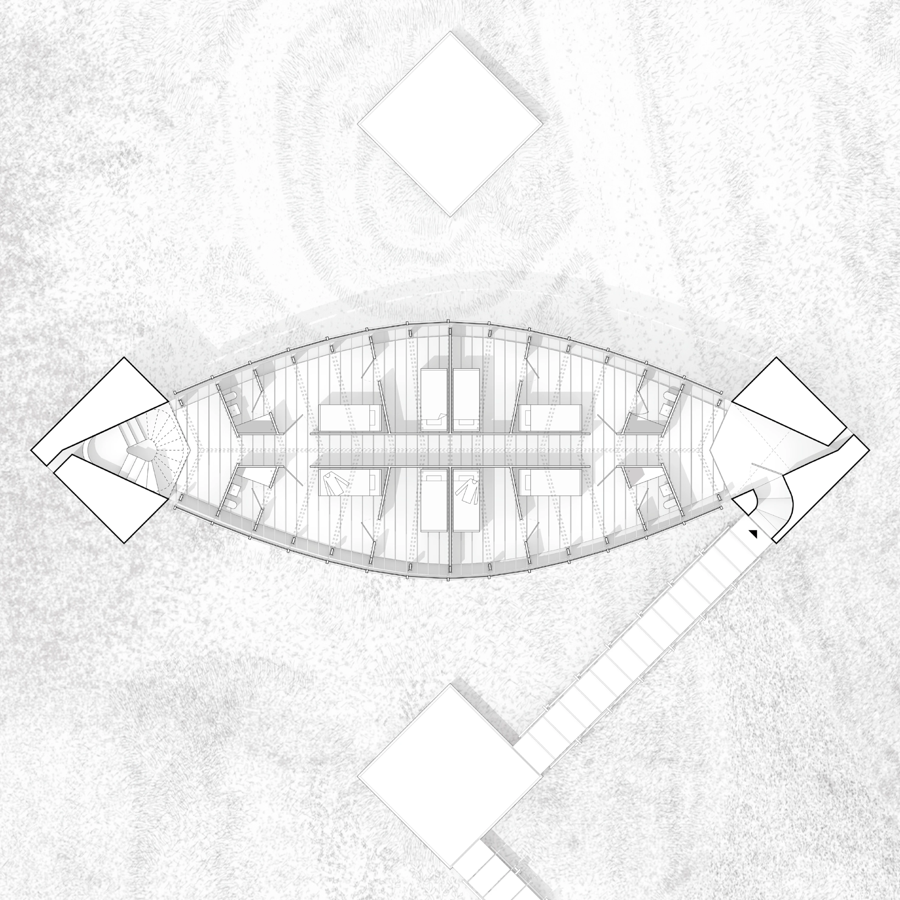Ground floor plan, the same pointed lens shape as the roof above it, divided into rooms along its length, with the square concrete footings set askew at either end and a boardwalk arriving from the south east.