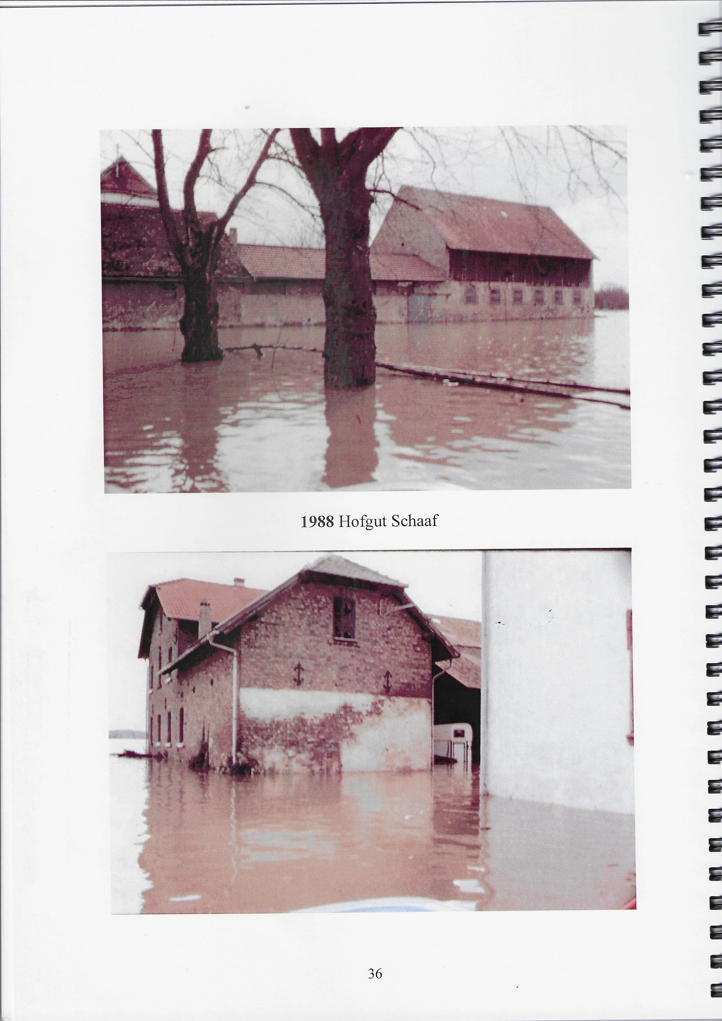 Scanned book page with two colour photographs of farm buildings standing in floodwater, captioned 1988 Hofgut Schaaf.