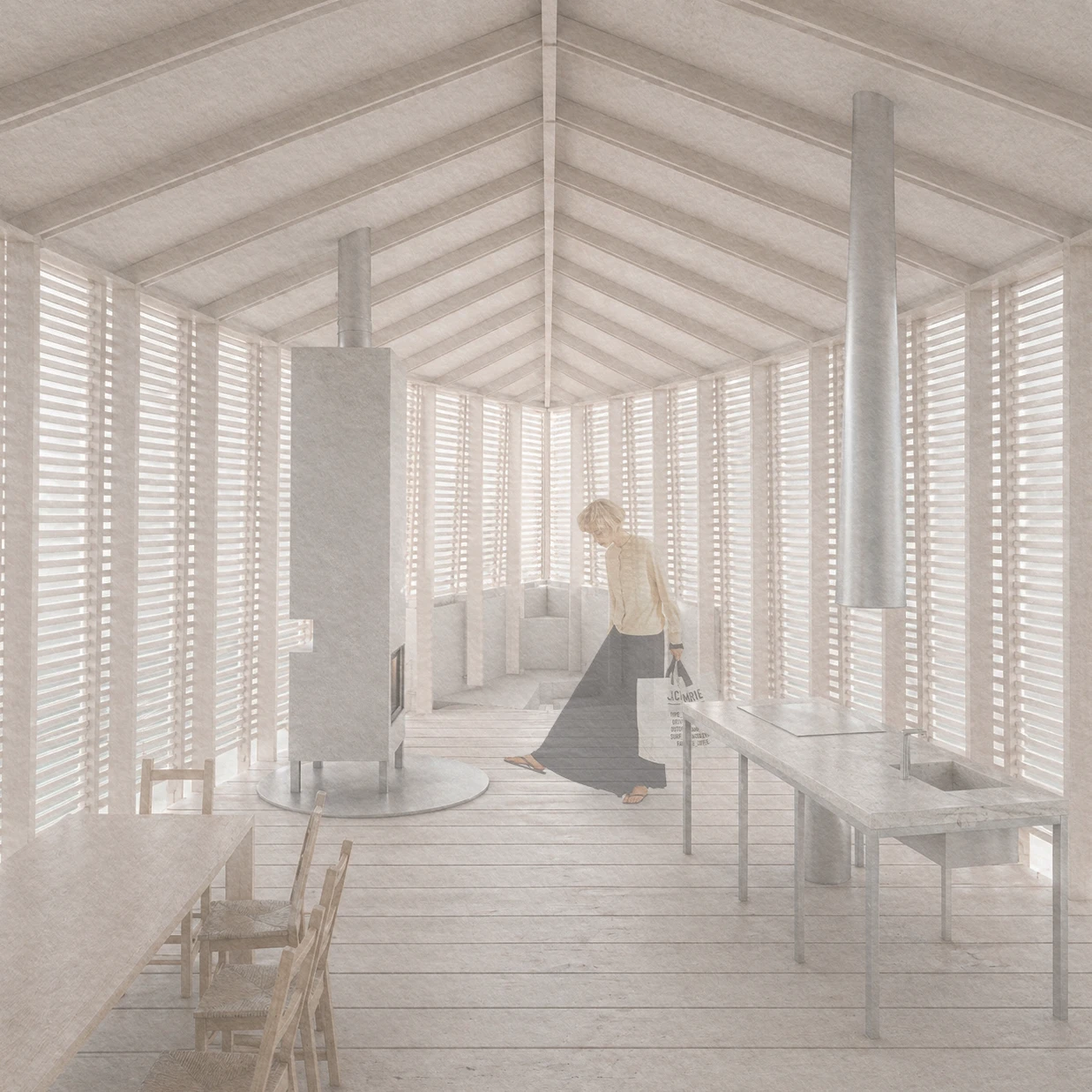 Interior of the main room, timber ribs arching overhead and slatted timber walls on both sides, daylight entering between the slats, with a figure standing at a table.