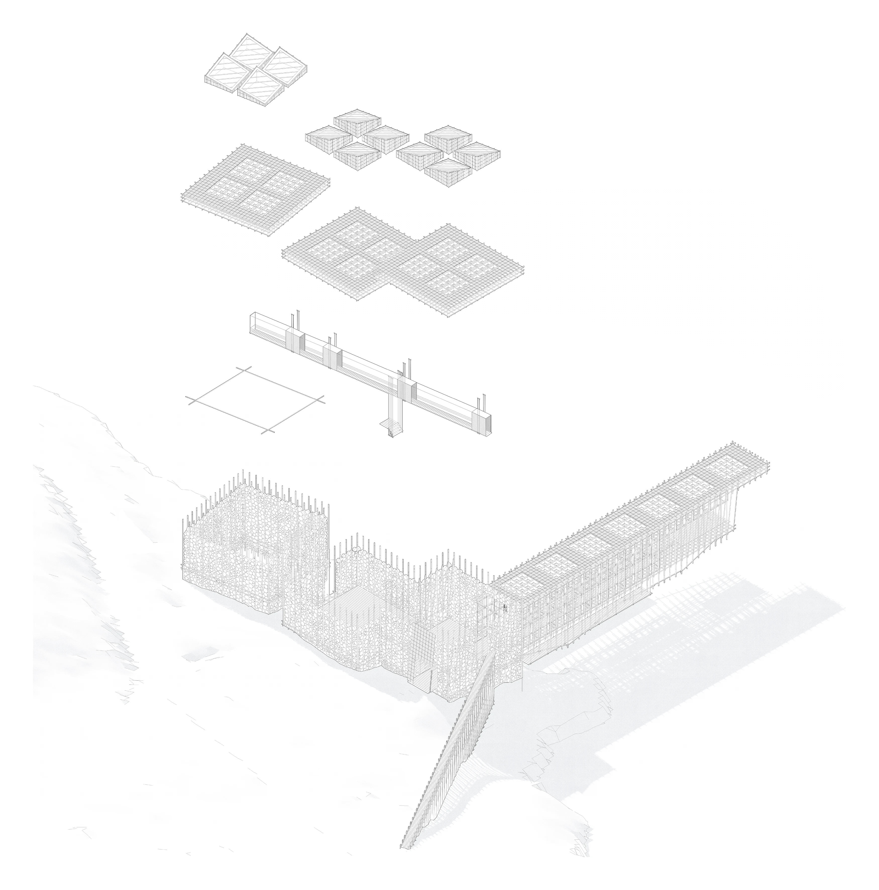 Exploded axonometric separating roof shells, drying racks, saw floor, water-drive shaft, and the gabion base into layers.