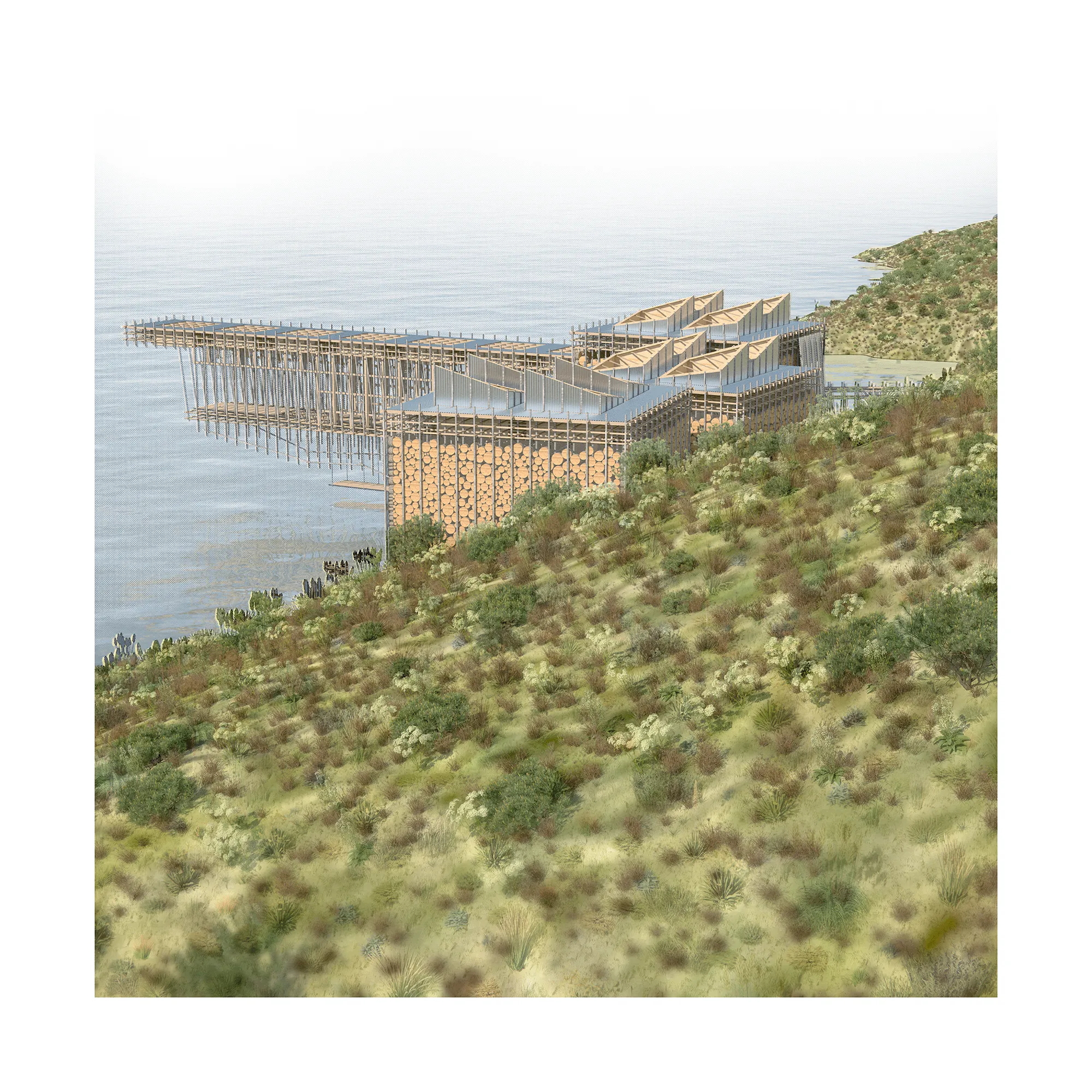 The mill seen from the valley slope, its drying decks stepping out over the water on slender timber piles.
