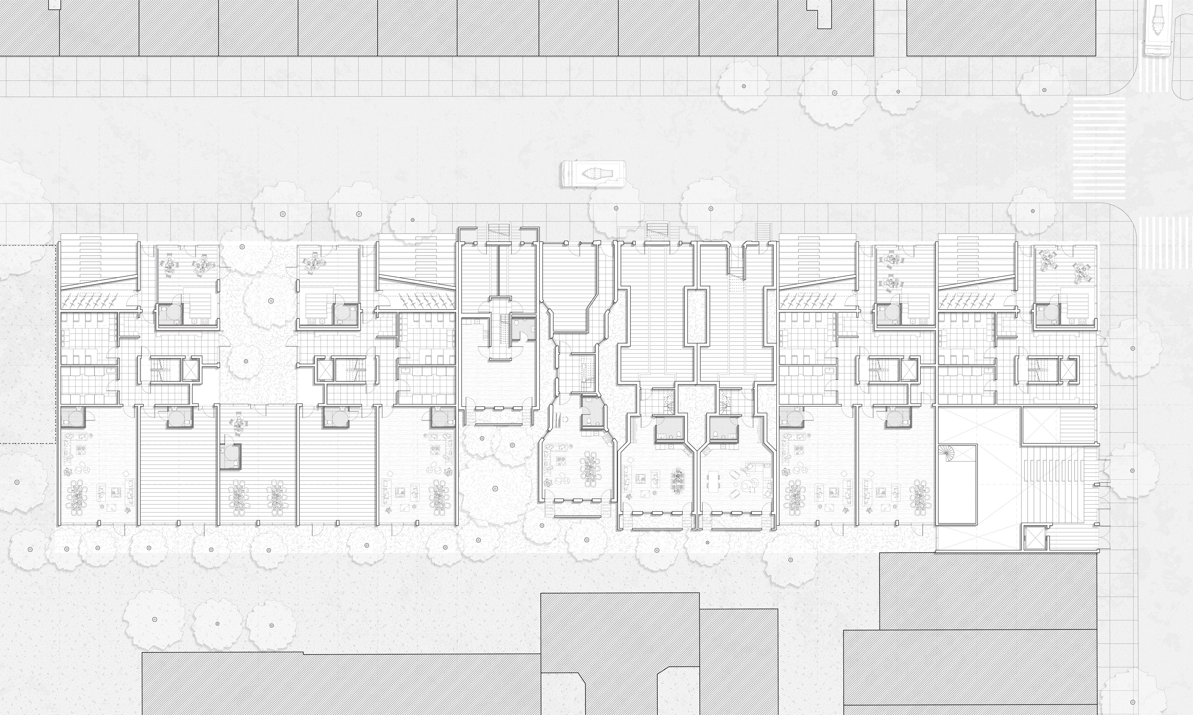 Ground floor plan, the stoops on the street and the gardens behind, with the neighbouring blocks around it.