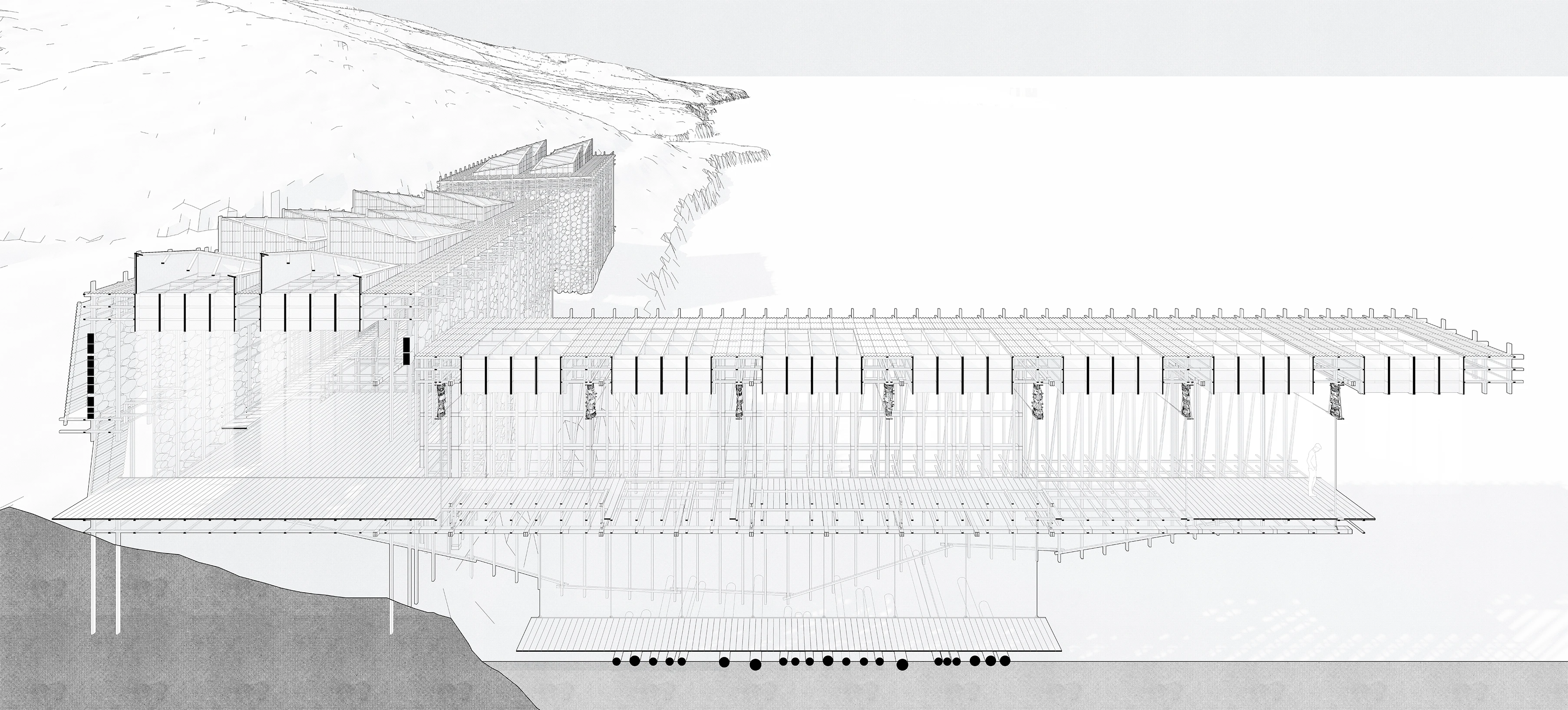 Long section through the mill, cutting from the hillside gabion wall through the saw floor to the open drying decks.