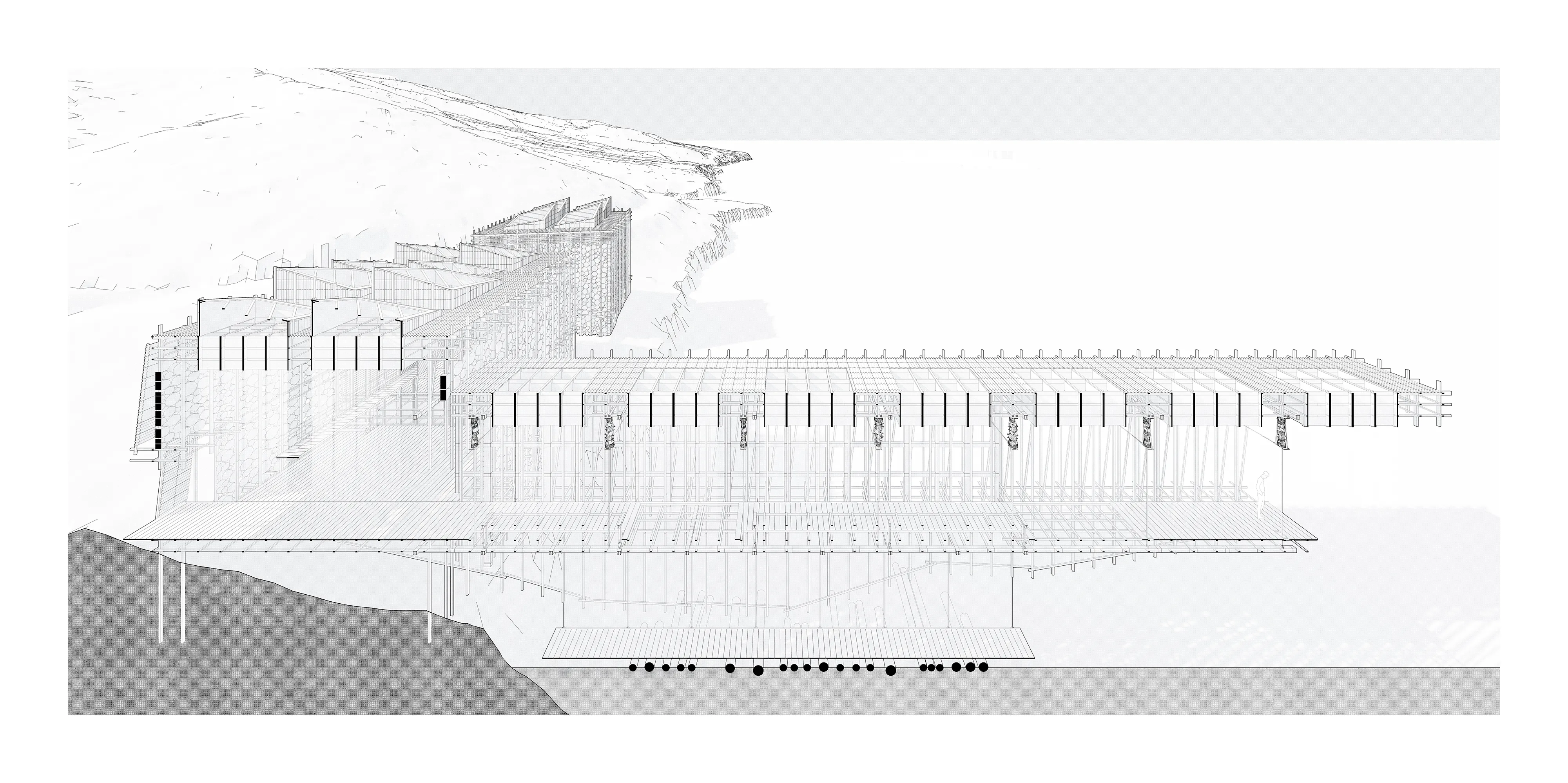 Long section through the mill, cutting from the hillside gabion wall through the saw floor to the open drying decks.