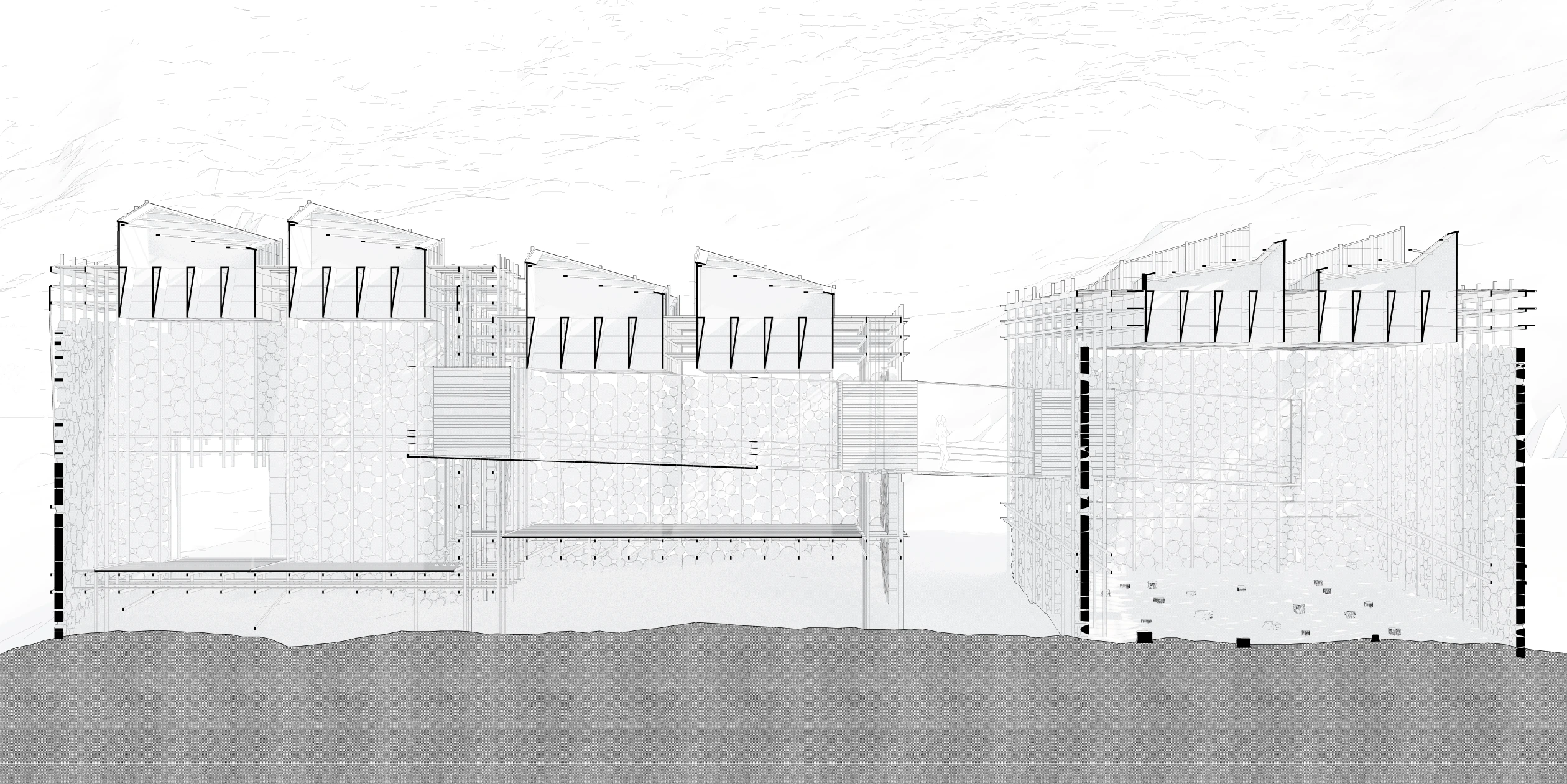 Short section across the mill, the saw-tooth roofs of the drying sheds stepping along the top and the ground drawn solid grey beneath.