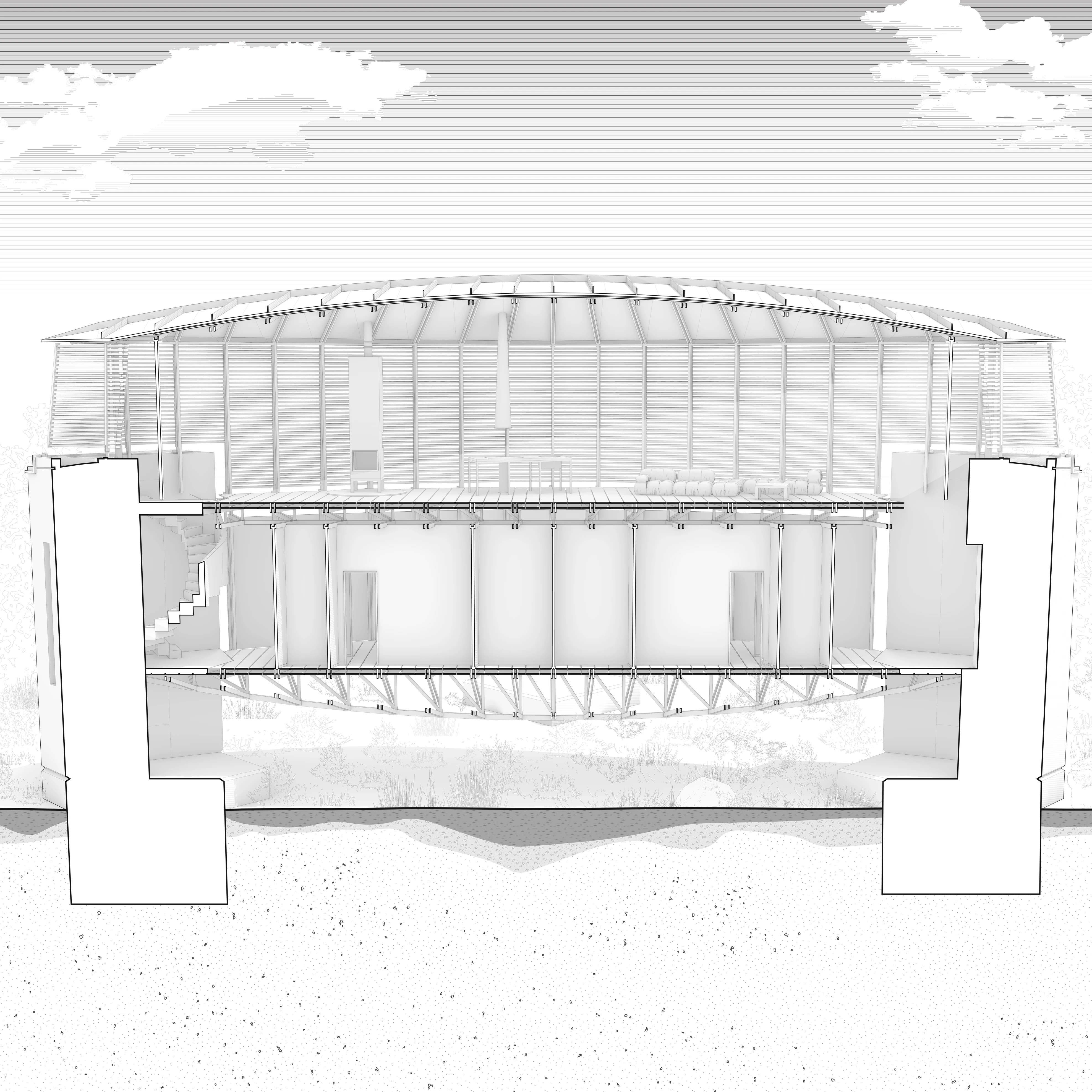 Perspective section through the building looking south west, showing the ribbed timber roof curving over a tall single room, a raised floor slung between the two concrete towers, and the ground falling away beneath.