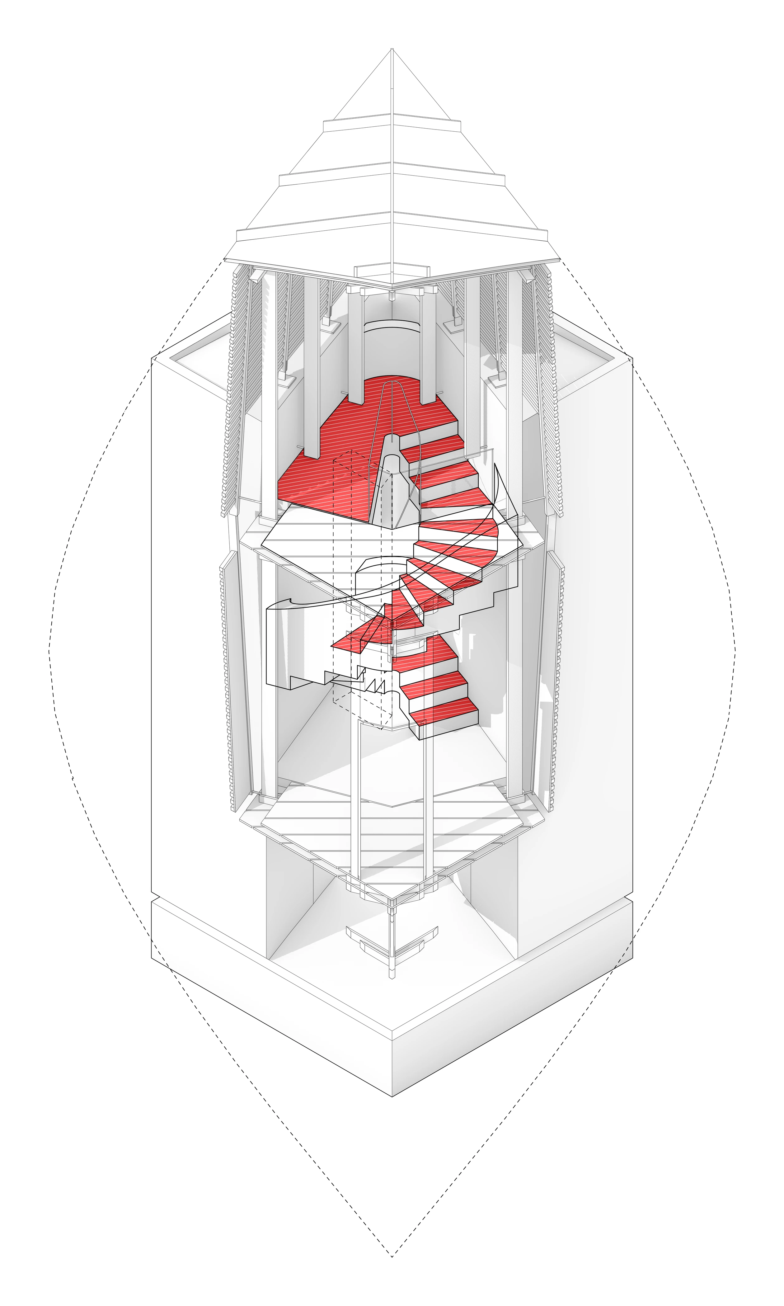 Cutaway axonometric of one concrete footing with a stair cut down into it, the flights picked out in red inside the solid block.