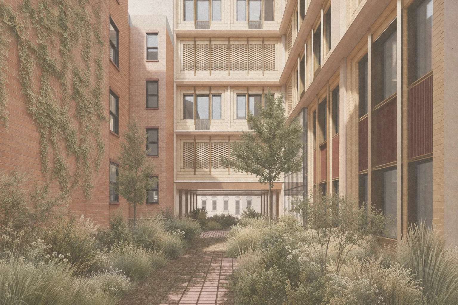 Rendering of the garden behind the buildings, a brick path through planting between the new stacks and an old brick wall covered in ivy.