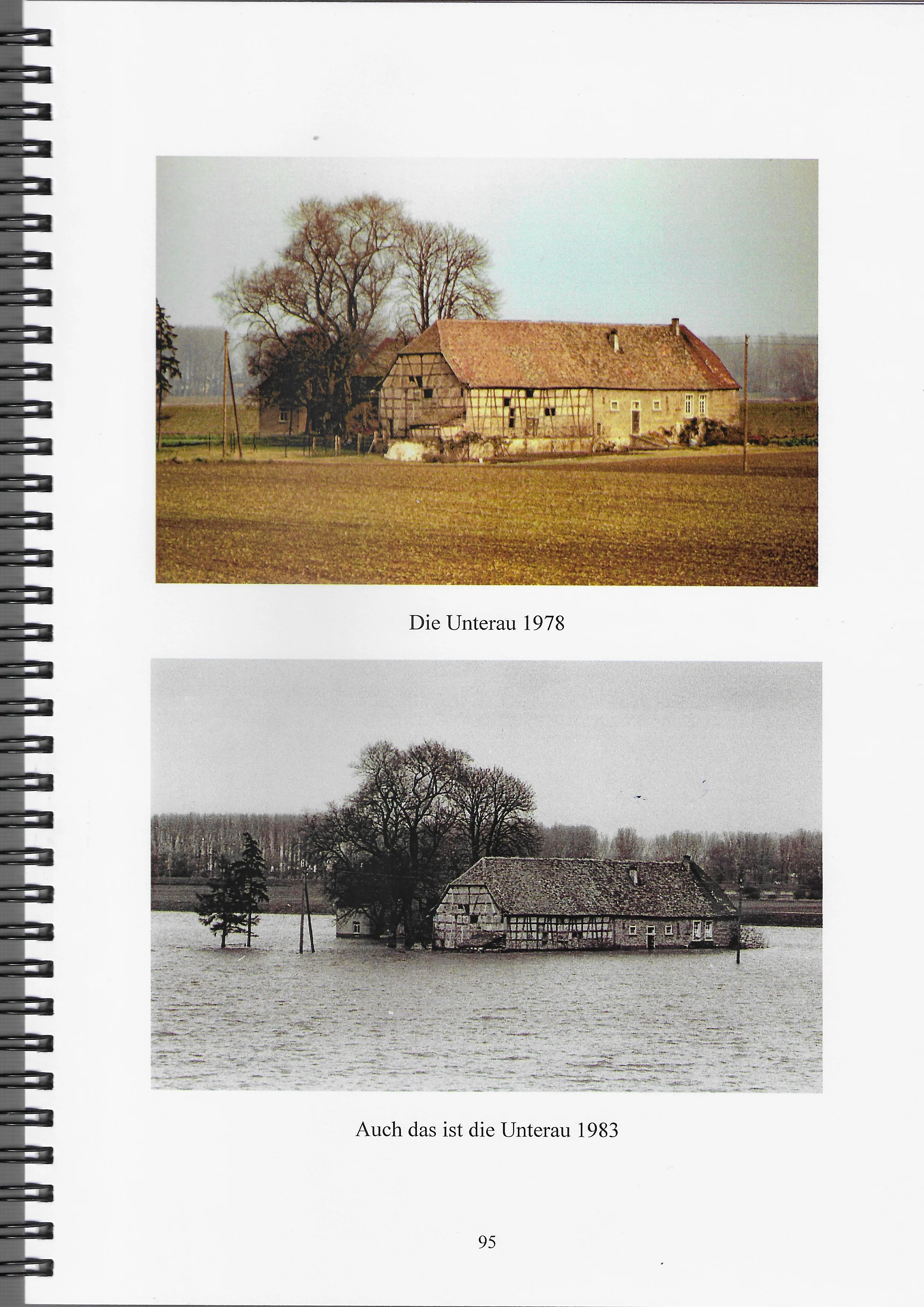 Scanned book page showing the same half-timbered farmhouse twice, dry in a ploughed field in 1978 and standing in open water in 1983.